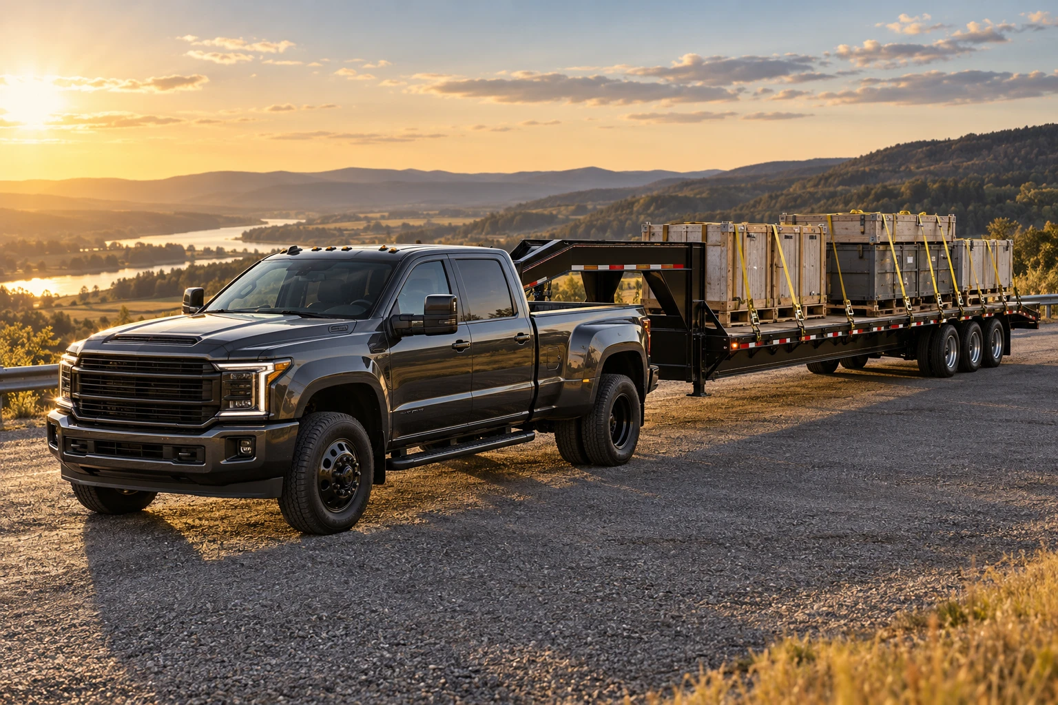 Illustrative American hotshot pickup and gooseneck trailer