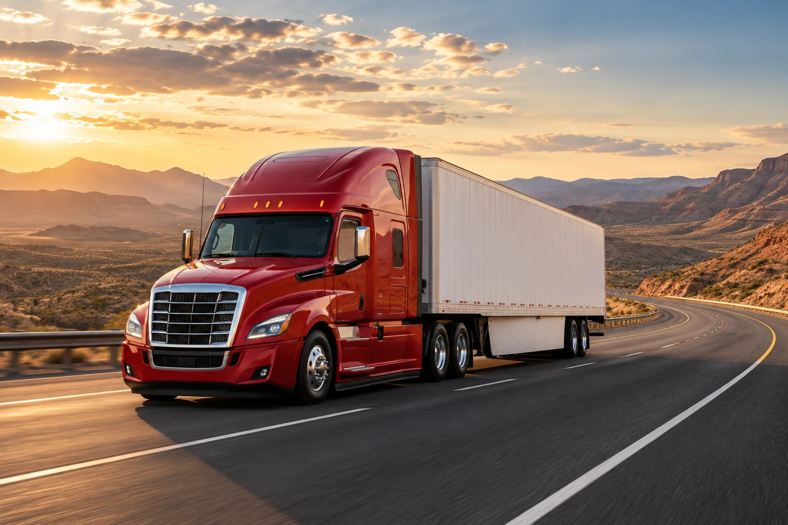 Illustrative red semi truck traveling on an American interstate